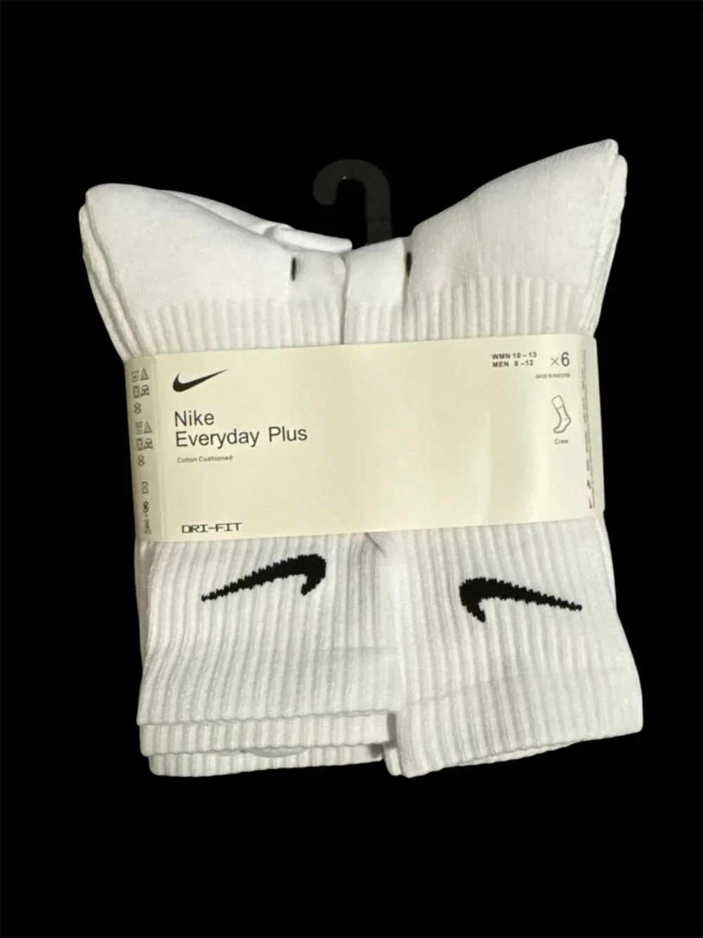 Nike Everyday Plus Dri-FIT Crew Socks 6 Pairs Cushioned Black White M L